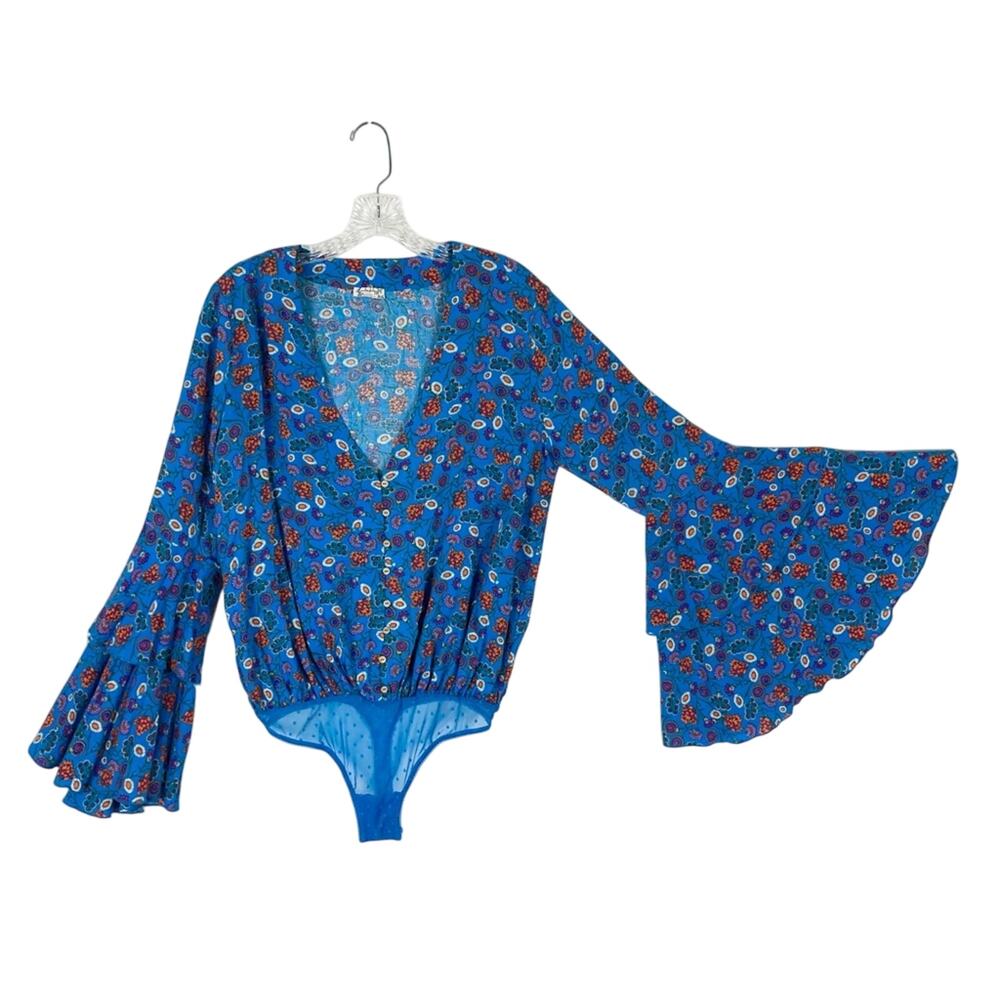 Nwot Intimately Free People Shes Dainty Bodysuit S Blue Floral Flared Ruffle Slv
